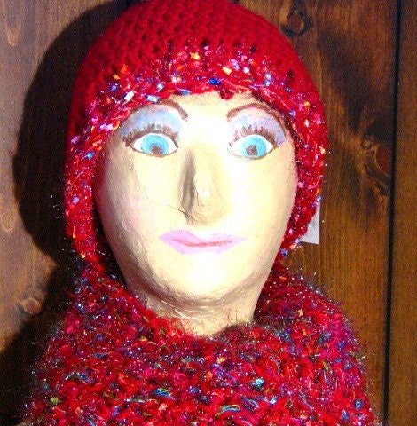 Womens Red Crochet Hat and Scarf Set
