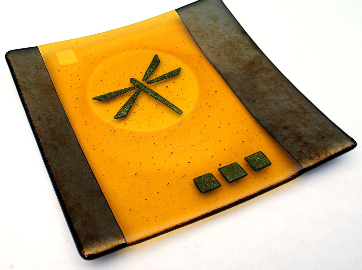 Decorative Plate, Glass Art, Home Decor - Amber Gold Dragonfly Fused Glass Plate