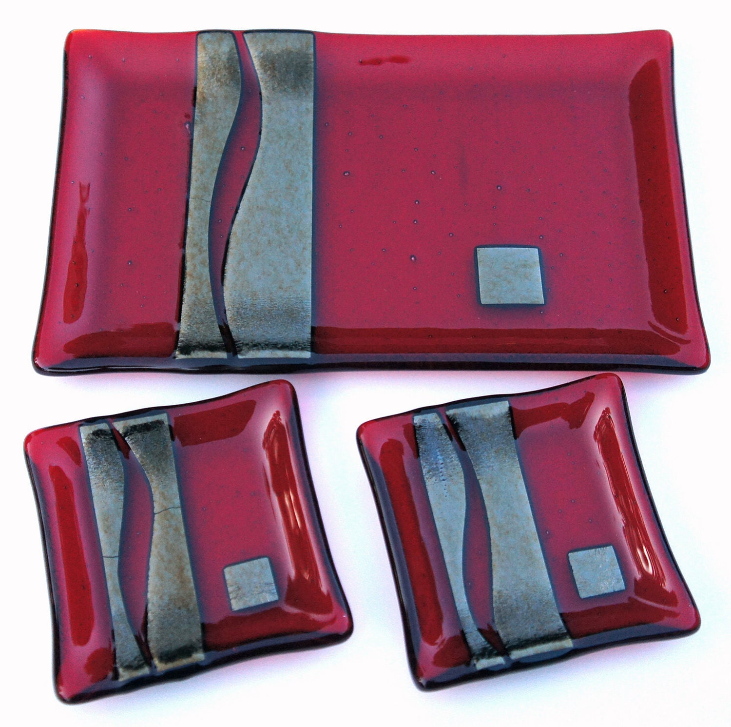 Red Fused Glass Plate Set with Gold Accents