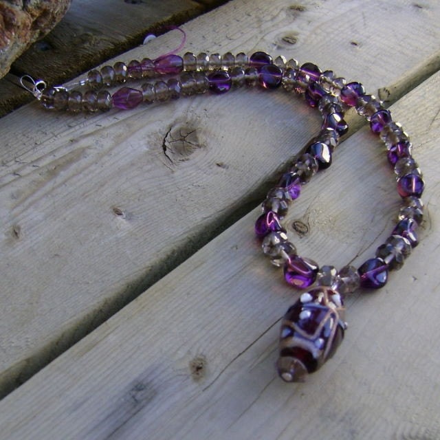 Amethyst Quartz Necklace Lampwork Glass Necklace    Gold Laced Merlot
