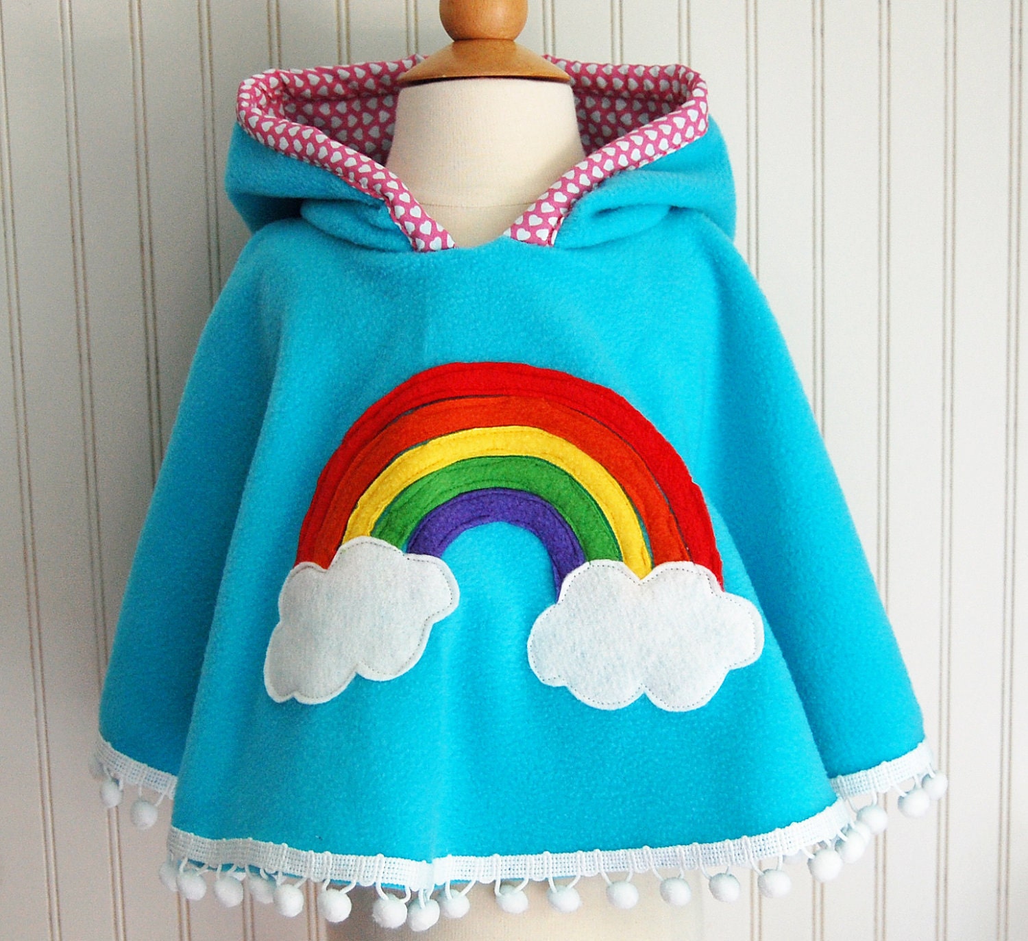 Rainbow Poncho Cape in Aqua with Pink Heart Hood - Size 12mos-2T, 3/4T, 5/6 - by The Trendy Tot