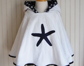 Hooded Towel Swimsuit Starfish Cover Up in Navy Blue and White Terry 12mos-2T, 3 / 4T, 5 / 6 -  by The Trendy Tot