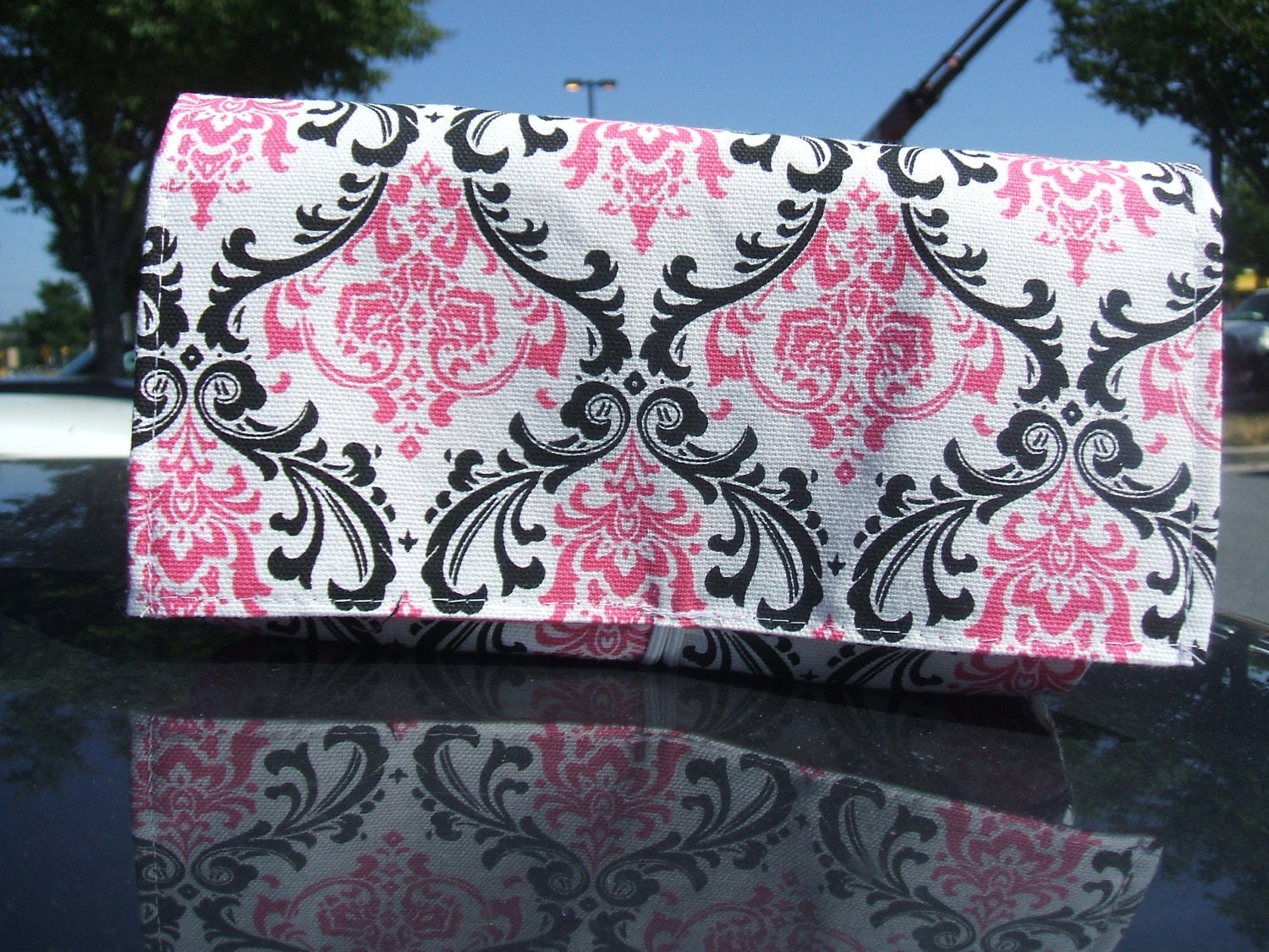 Coupon Organizer Purse Receipt Holder Black and Candy Pink Damask with Pink Lining Duck Canvas Fabric