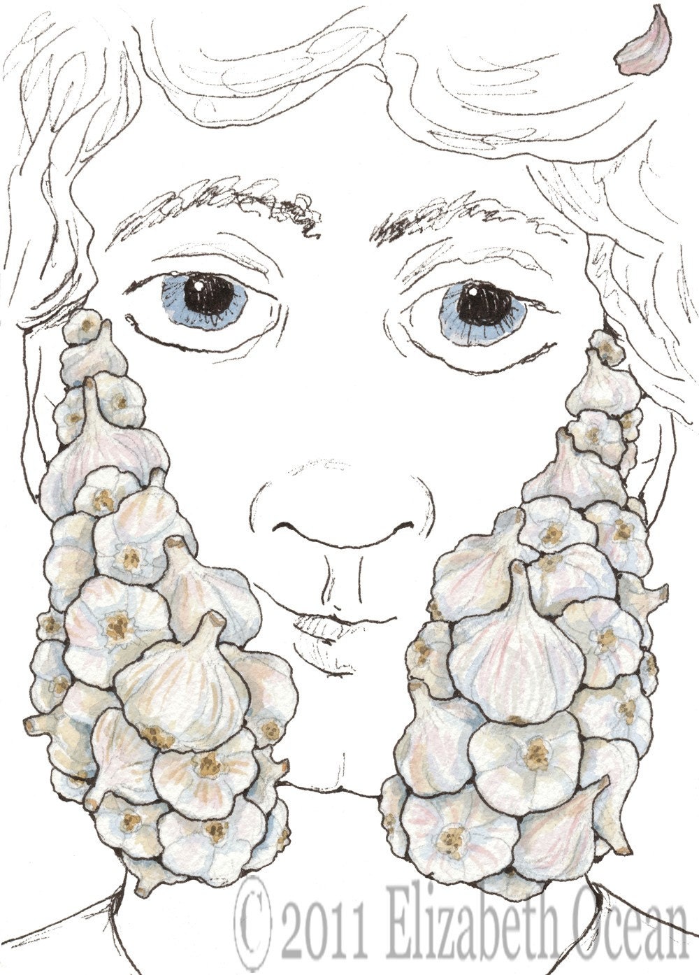 Garlic Kitchen Art Beard Sideburns Mutton Chops  5x7 watercolor print