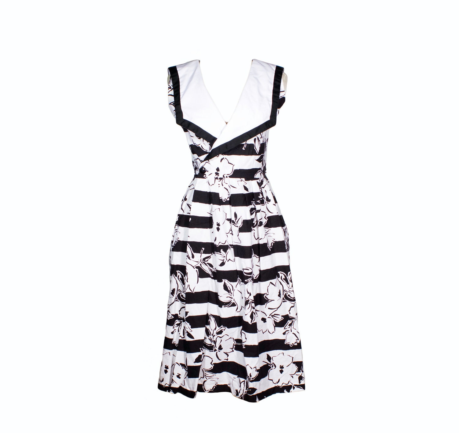 VTG 80's Graphic Black and White Stripes and Floral Wrap Top Sundress (Small / Medium) Sleeveless Sailor Modern Dress
