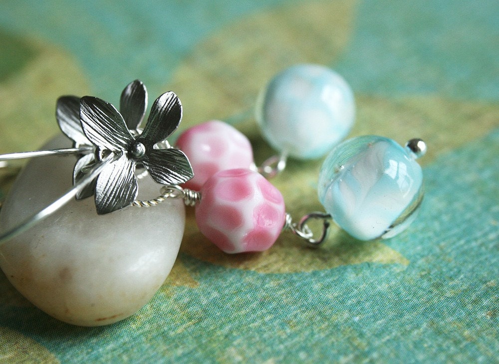 Summer Sale 15% Off SALE 50 Percent Off Hana Earrings - Vintage Czech Glass Beads and Flower on Sterling Silver