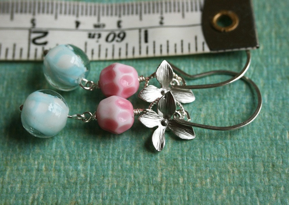Summer Sale 15% Off SALE 50 Percent Off Hana Earrings - Vintage Czech Glass Beads and Flower on Sterling Silver