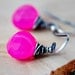Hot Pink Earrings Wire Wrapped Sterling Silver Chalcedony Stone Oxidized Gray Dangle Fluorescent Neon Fashion