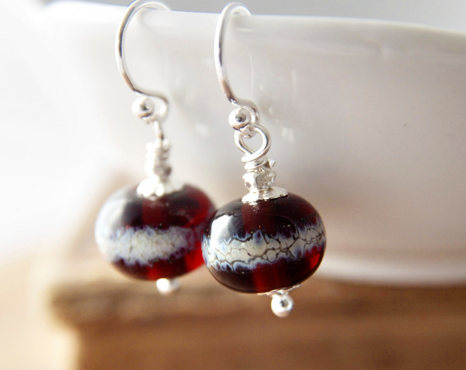 Burgundy Glass Earrings  Lampwork Silver Dangle Oxblood PoleStar