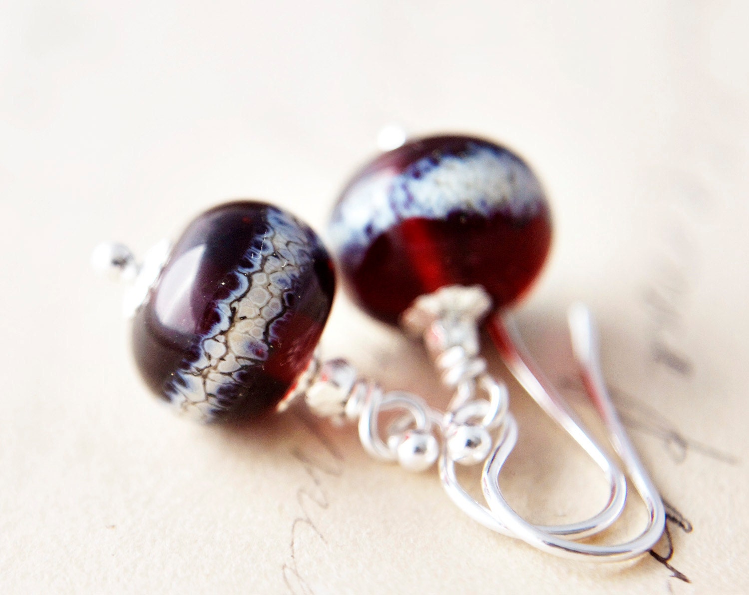 Burgundy Glass Earrings  Lampwork Silver Dangle Oxblood PoleStar