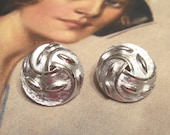 Vintage Trifari Button Earrings with Silver Swirl Design and Clip Backs