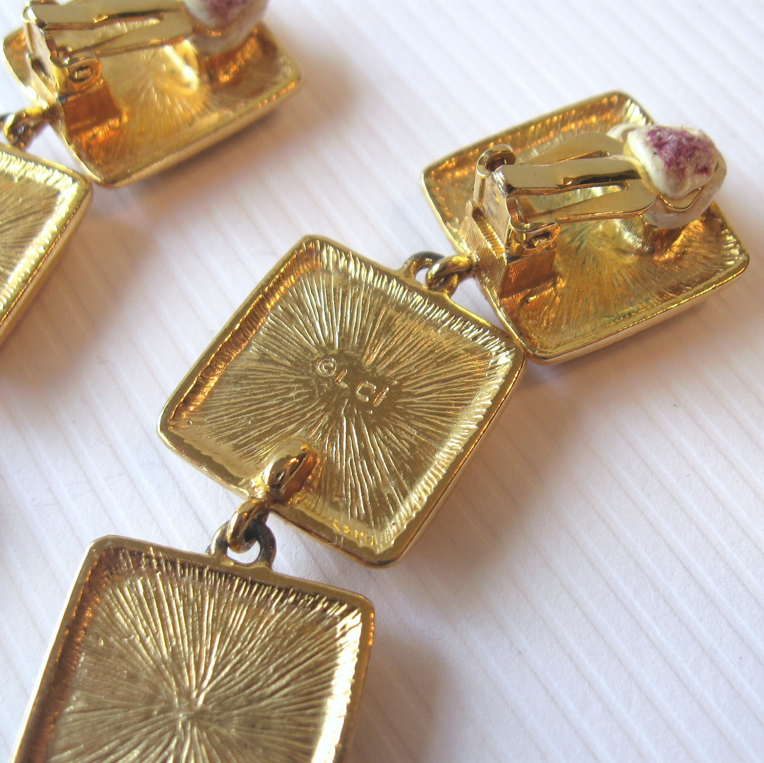 Vintage Liz Claiborne Earrings with Tri Colored Square Dangles - Black - Red - Green