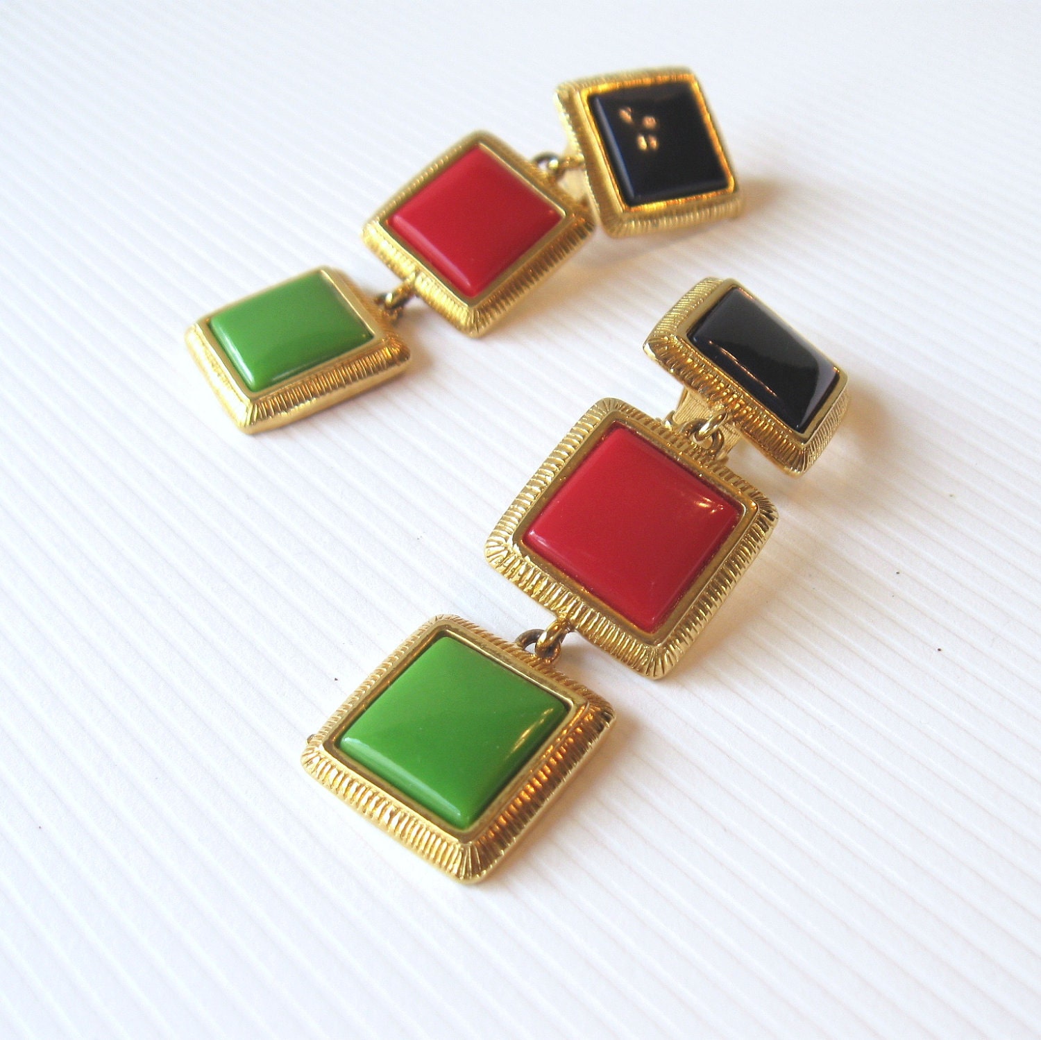 Vintage Liz Claiborne Earrings with Tri Colored Square Dangles - Black - Red - Green