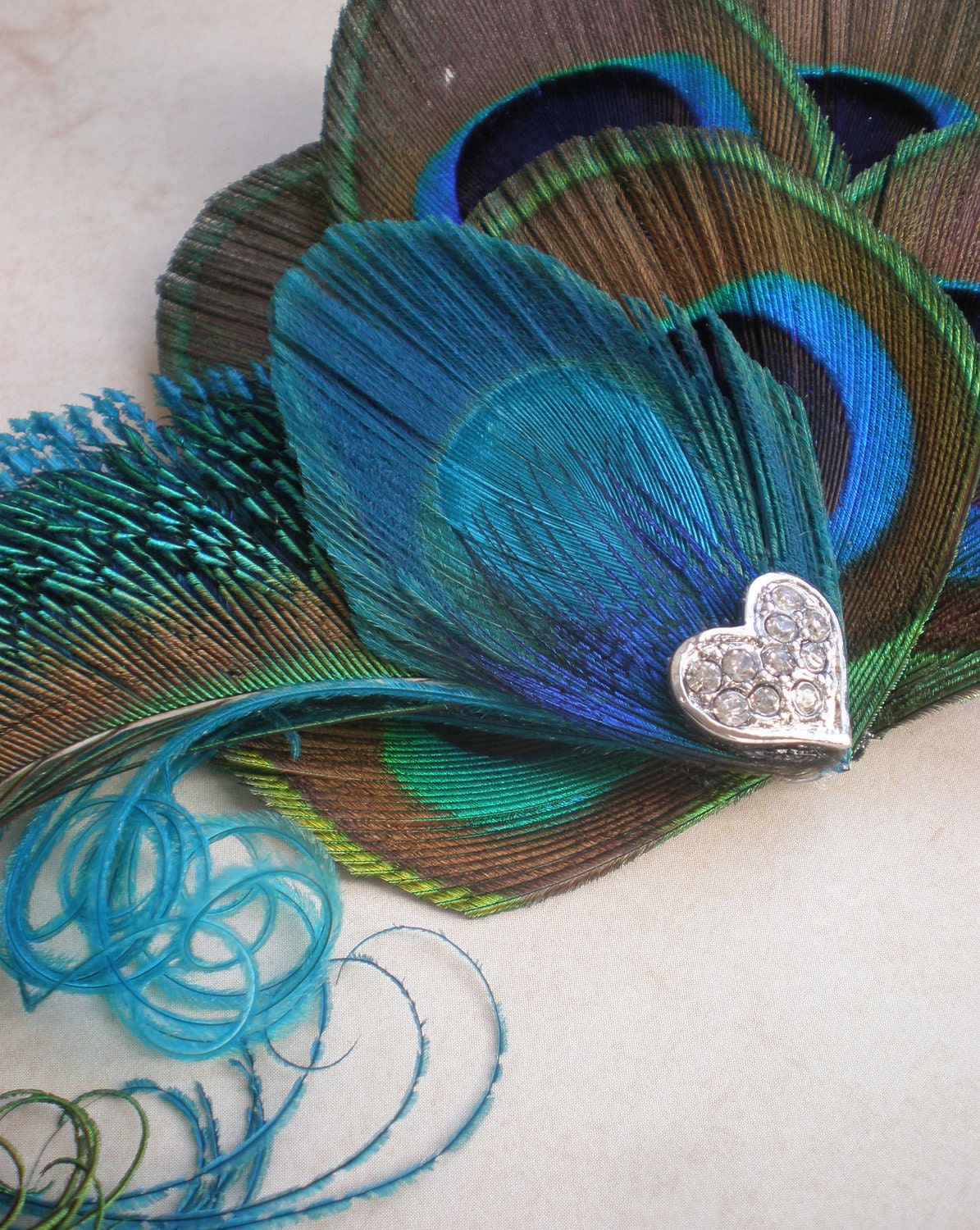 Peacock Fascinator with Heart, Made to Order