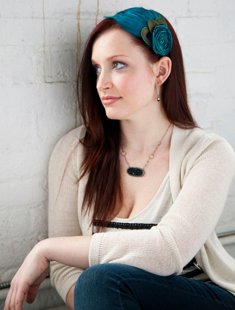 Peacock Blue Feather Headband with flower - Made to order
