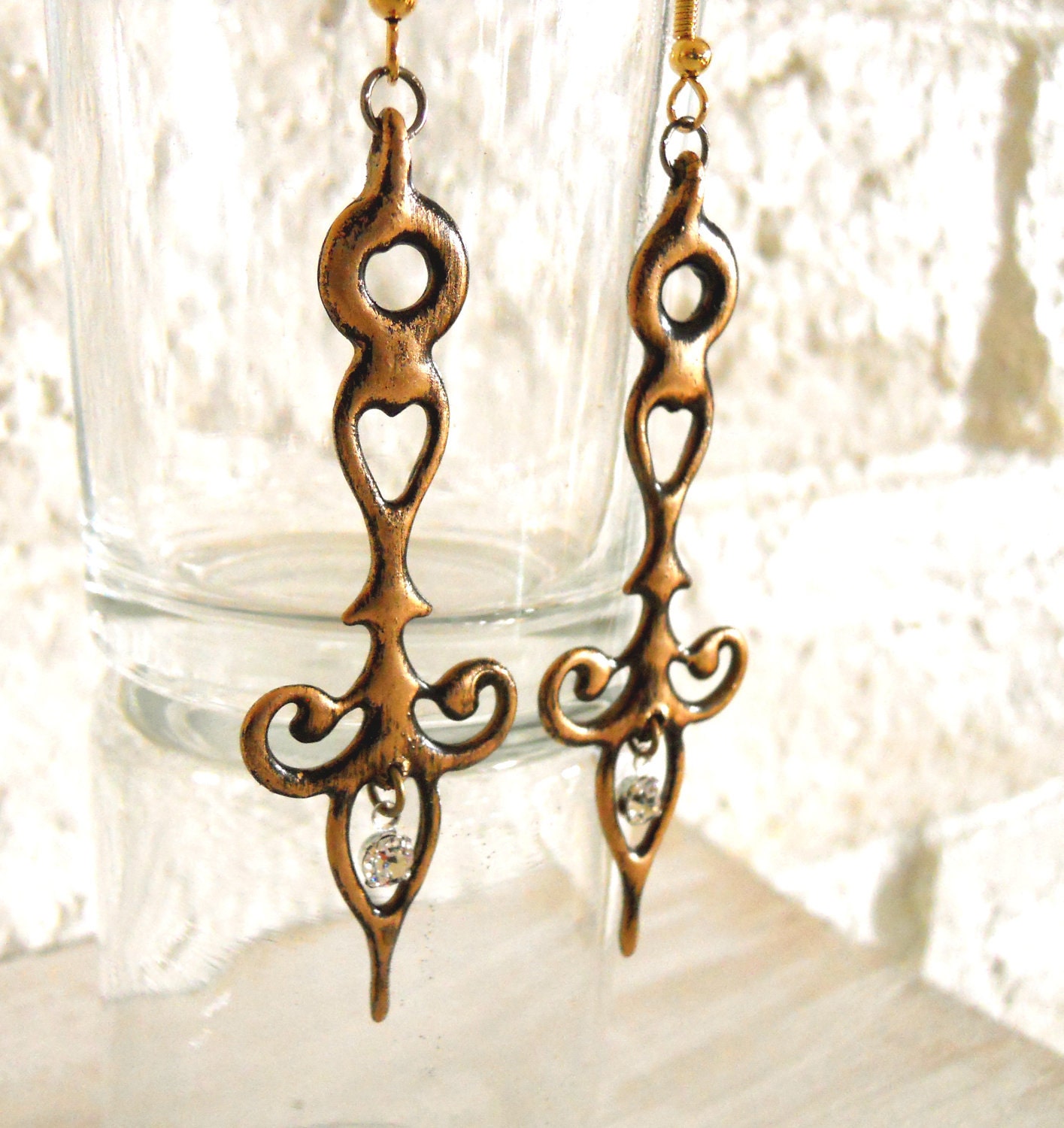 Clock Hands earrings distressed Antique Gold colored with Crystals- Steampunk Neo Victorian Styled