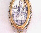 Drink Me Alice in Wonderland Necklace Tea Party Jewelry Dark Alice Character in an Ornate frame Setting with Chains and Crystals