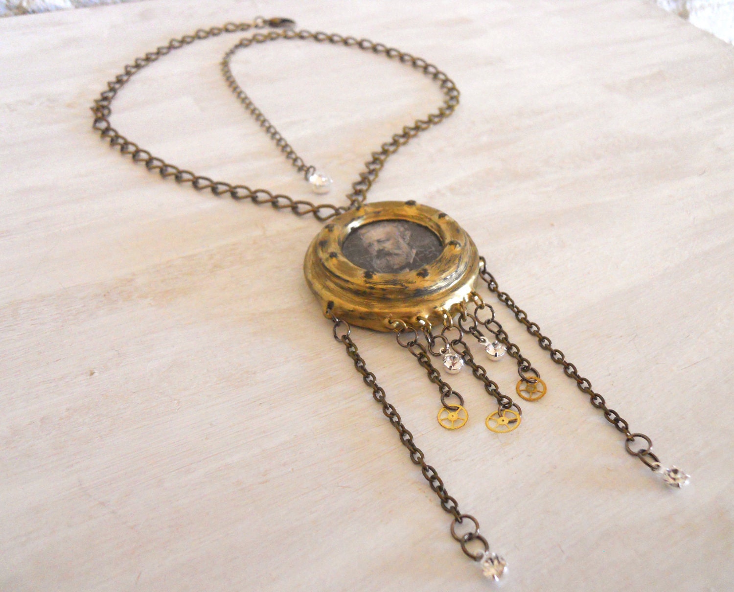Jules Verne Steampunk Pendant with brass Cogs and Crystals- a tribute to one of my favorite authors