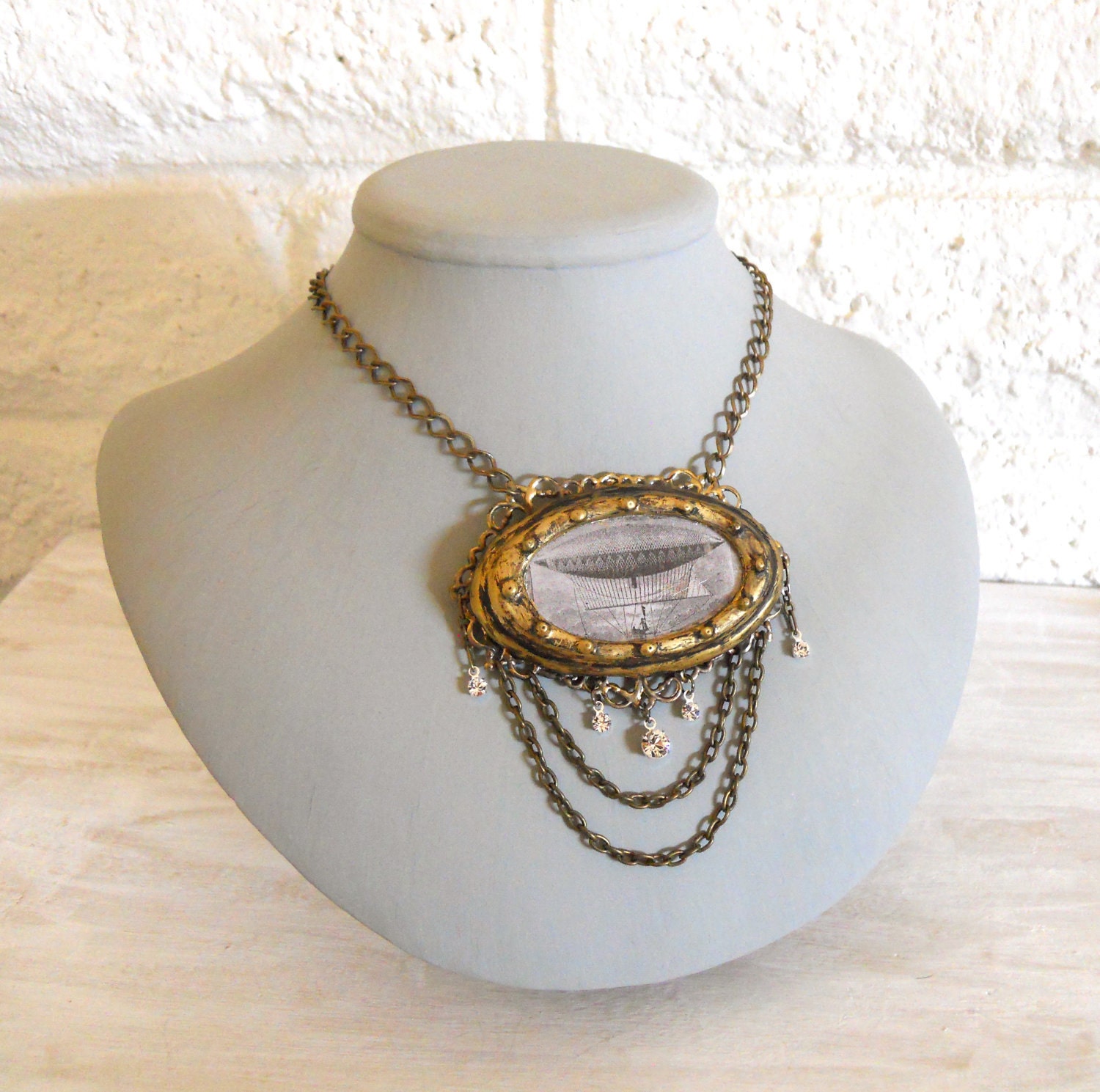 Steampunk airship Pendant Henri Giffard Dirigible image with antique brass chain and Crystals