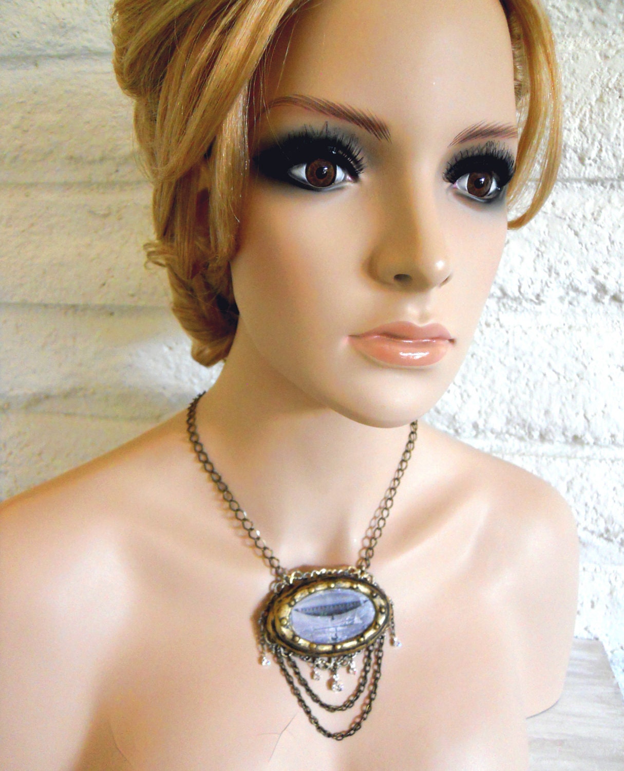 Steampunk airship Pendant Henri Giffard Dirigible image with antique brass chain and Crystals