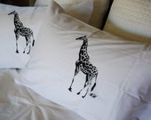Screen Printed Giraffe Pillowcase Pair Black on White Cotton- animal pillow- pillow cover- screen printed pillowcase- bedding