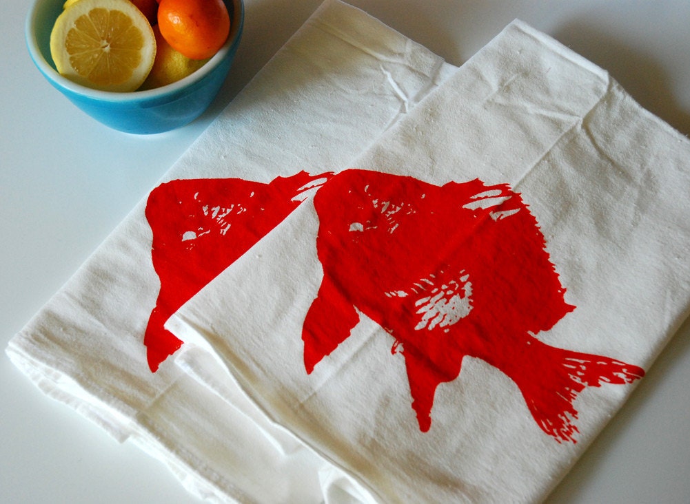 Screen Printed Orange Fish Tea Towel Pair- Dish Towel- Dish Cloth- Flour Sack- Modern Kitchen- Nautical- Bar Towel- Orange Fish