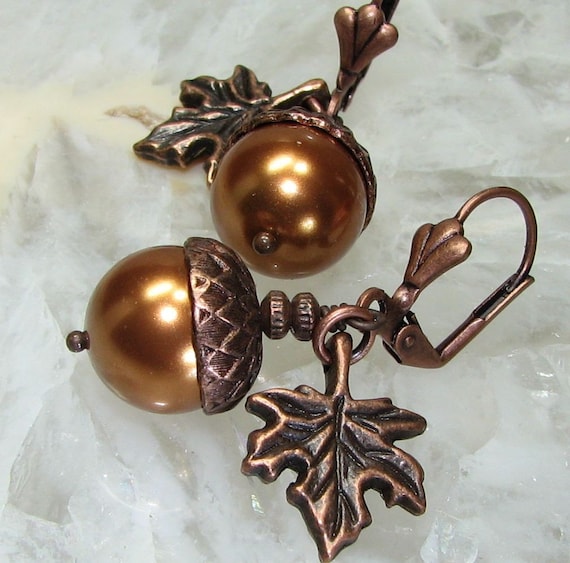 Maple Leaf Copper Acorn Earrings - Swarovski Pearls Canadian Hockey Team