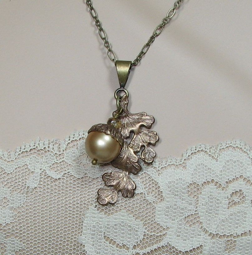 Acorn Necklace Large Golden Oak Leaf Swarovski Pearl Vintage Gold Fancy Brass Soldered Chain Champagne Patina Frosted
