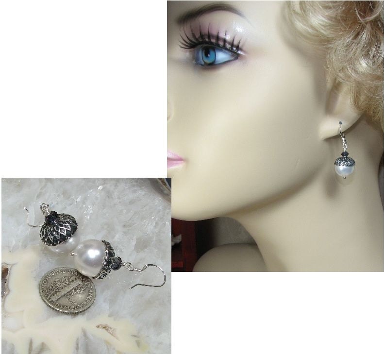 Wedding Acorn Earrings Sterling Silver Hooks Bridal White Swarovski Pearl, Crystal Color Choice Spring Mothers Day Gift