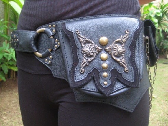 Brass Butterfly Turquoise Belt Bag in Black