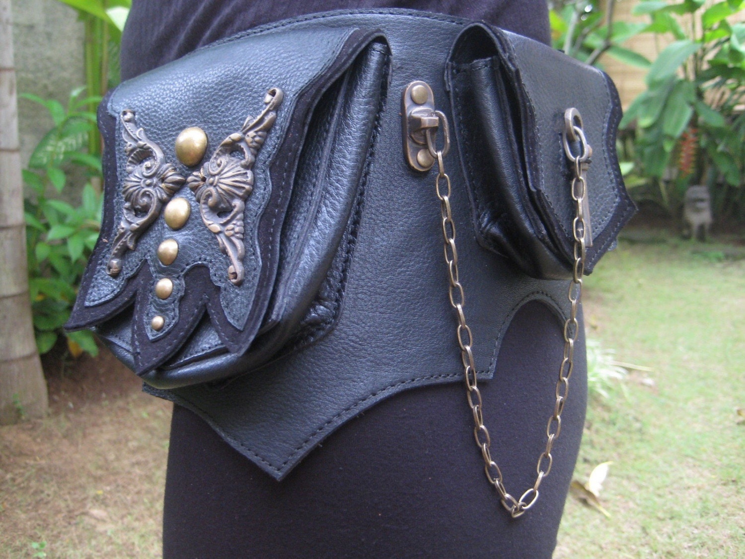 Brass Butterfly Turquoise Belt Bag in Black