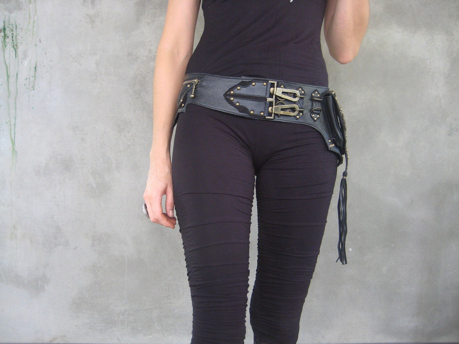 Lotusesque Leather Stone Belt Bag in Black leather