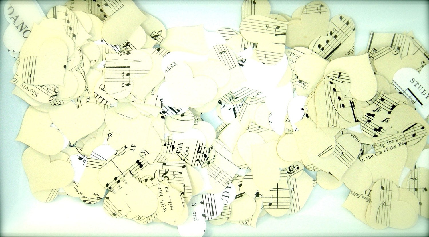 125 Heart Vintage sheet music confetti photo props tablescape in place of rice and rose petals garland place holders flower girl OOAK