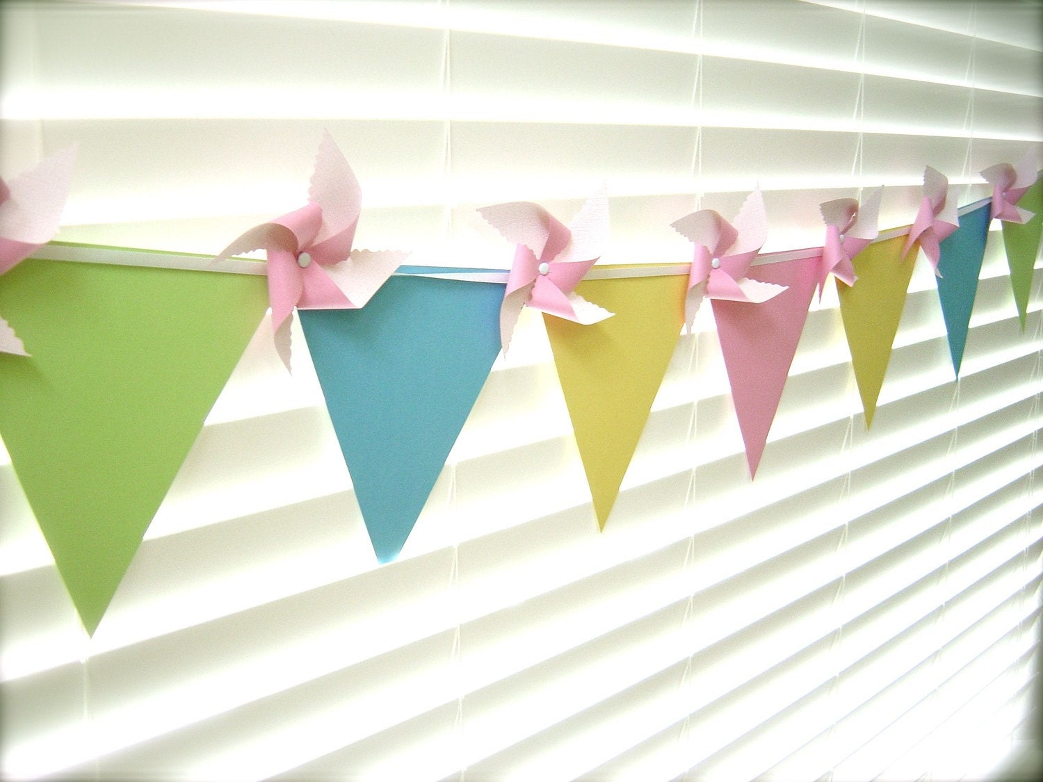 Pinwheel Garland Bunting LARGE Bubble Gum 8 Pinwheel 7 Pennant  REVERSIBLE Banner   (custom orders welcome)