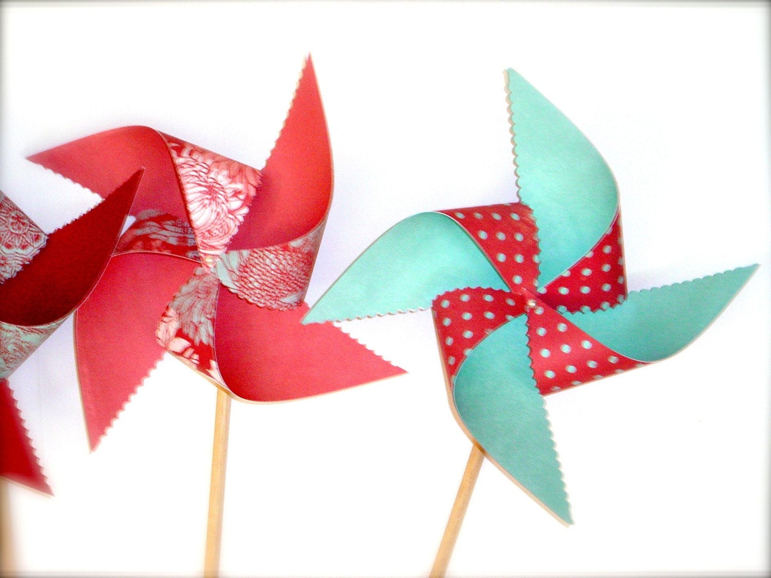 8 Large Twirlable Pinwheels Raspberry Robins Egg Tiffany Blue Polkadots Gourmet Vintage Photo Props Spinning ooak