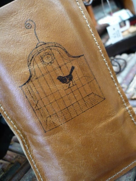 Ipod iphone sleeve leather handprinted antique bird and birdcage