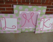 initial canvas art - set of 3 - quatrefoil and polka dots