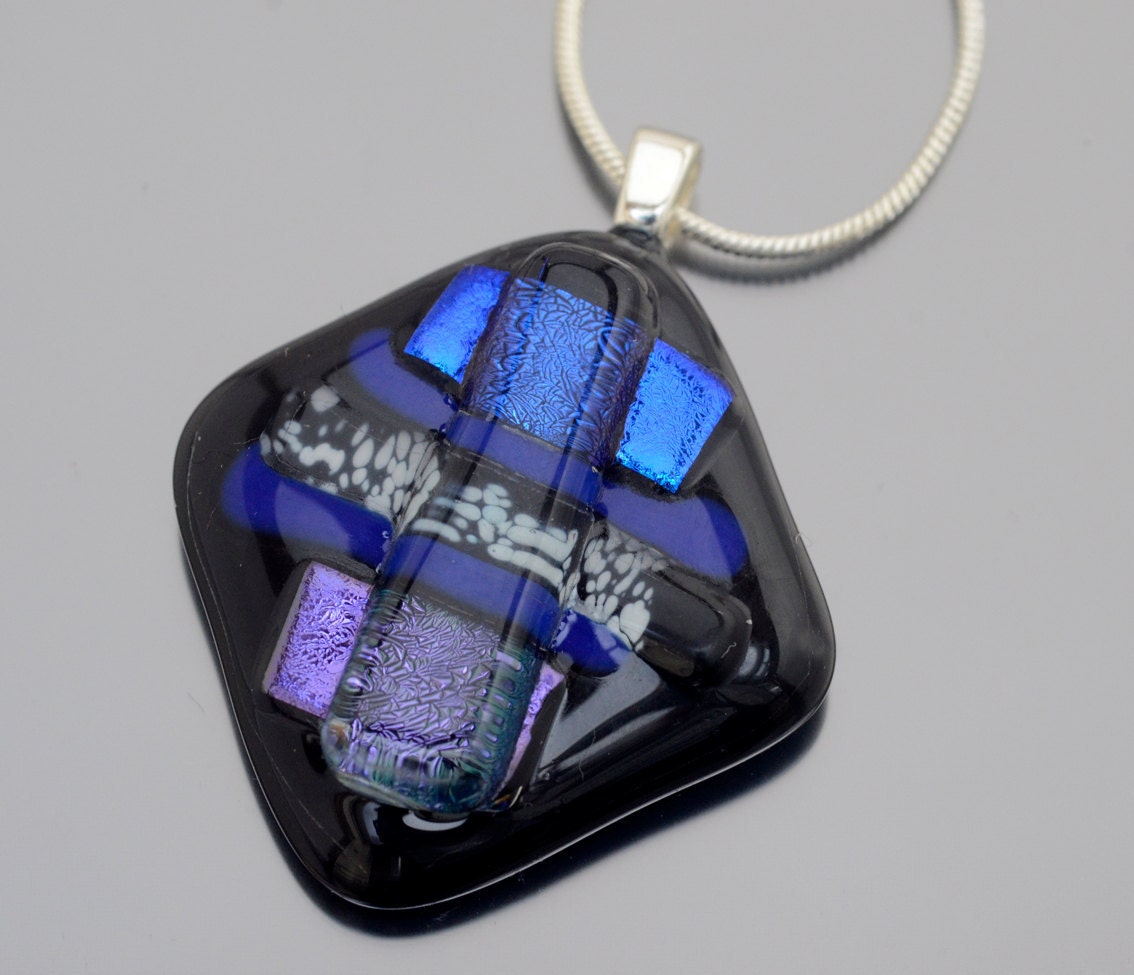 Fused Glass Pendant Necklace BLUE MOON, Fused Glass Jewelry, Dichroic Fused glass Pendant, Glass Necklace, Snake Chain