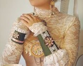 Steampunk Cuffs - Steampunk Victorian Tea Party Cuffs with Shabby Chic Eyelet Lace and Steampunk Clock