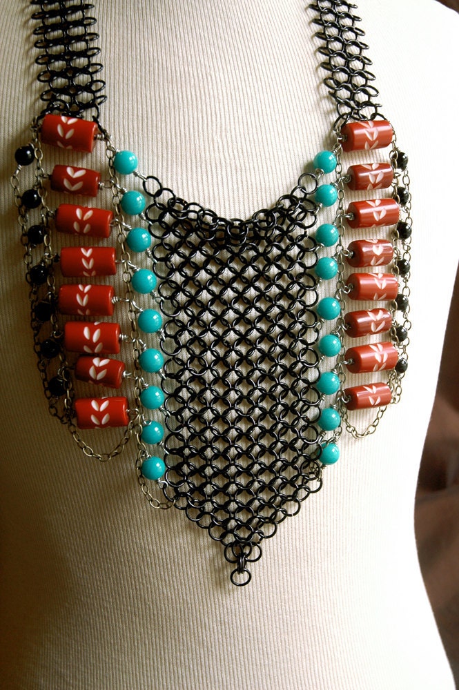 Tribal Necklace Chain Maille  - Warrior Princess Breastplate - Black Chain Maille with Beads in Turquoise and Rusty Red - Ladder Chest Plate