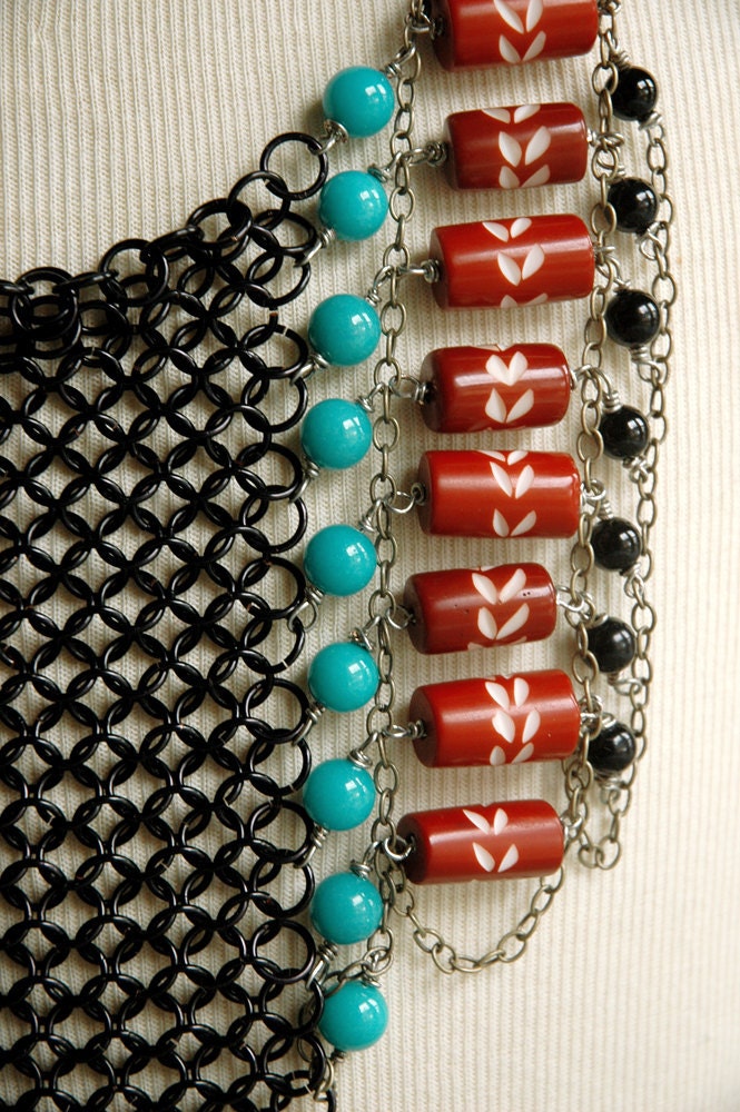 Tribal Necklace Chain Maille  - Warrior Princess Breastplate - Black Chain Maille with Beads in Turquoise and Rusty Red - Ladder Chest Plate