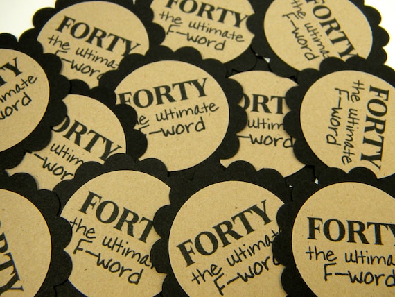 40th Birthday Favor Tags, Scalloped Embellishments for DIY Cupcake Toppers, Forty, Black, Kraft Set of 12 Il_570xn