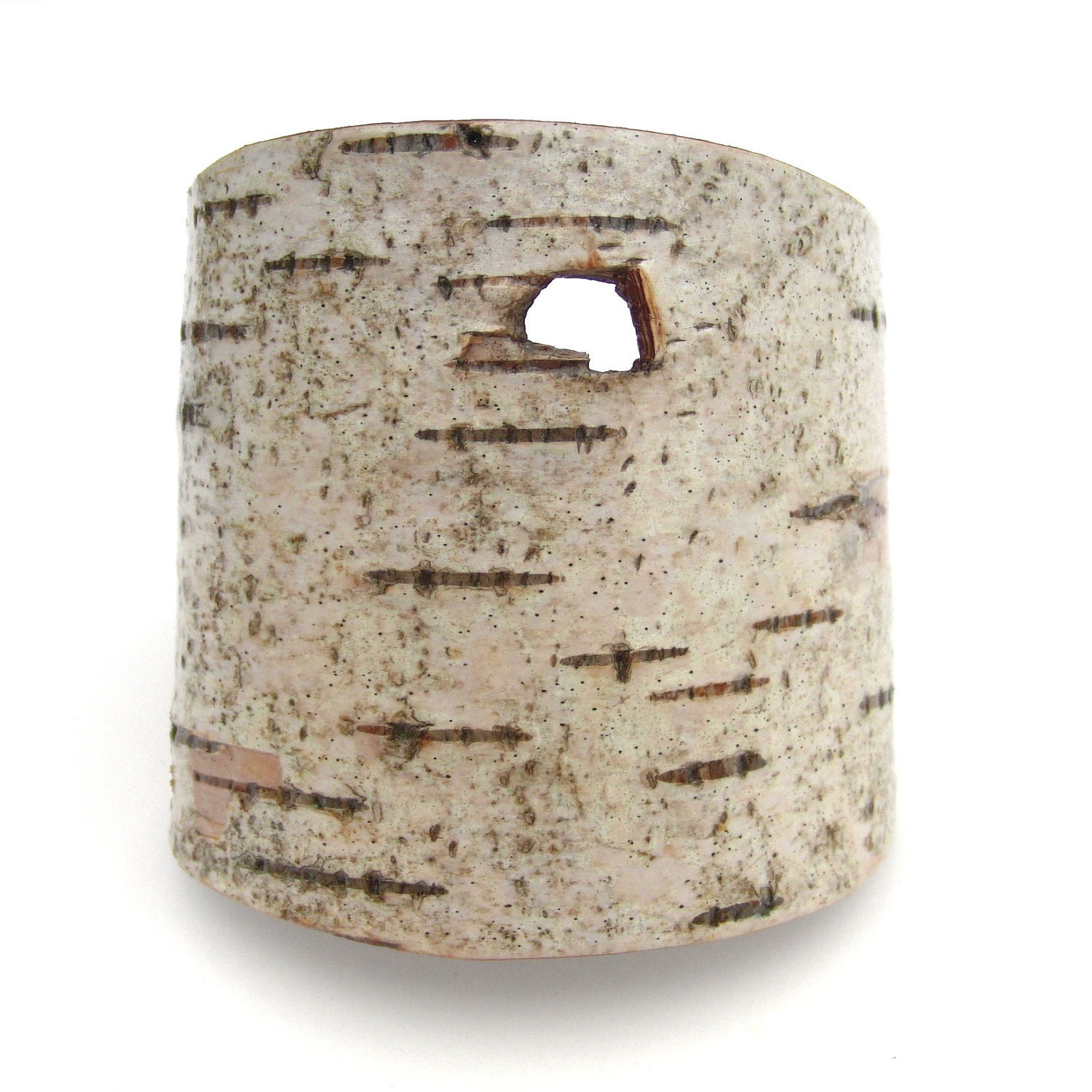 Medium size birch bark cuff bracelet, Woodpecker Hole