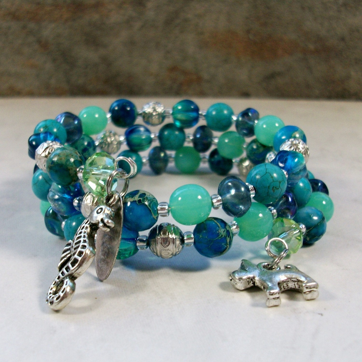 Tahiti Turquoise, Aqua Terra, Crystal and Silver OOAK Scottie Coil Bracelet - B-199s