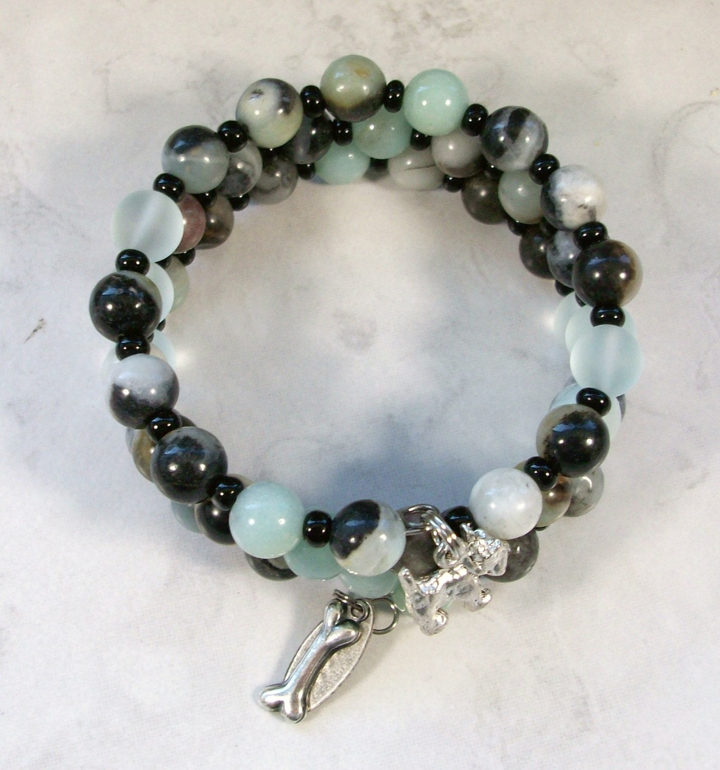 Pale Sage Green and Black Amazonite, Sea Glass and Silver OOAK Scottie Coil Bracelet - B-207s