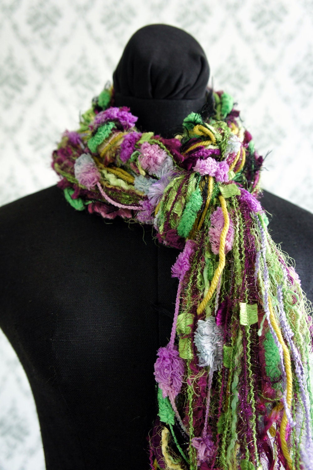 Fringe Scarf, Knotted scarf, Green and Purple Yarns - FashionTouch