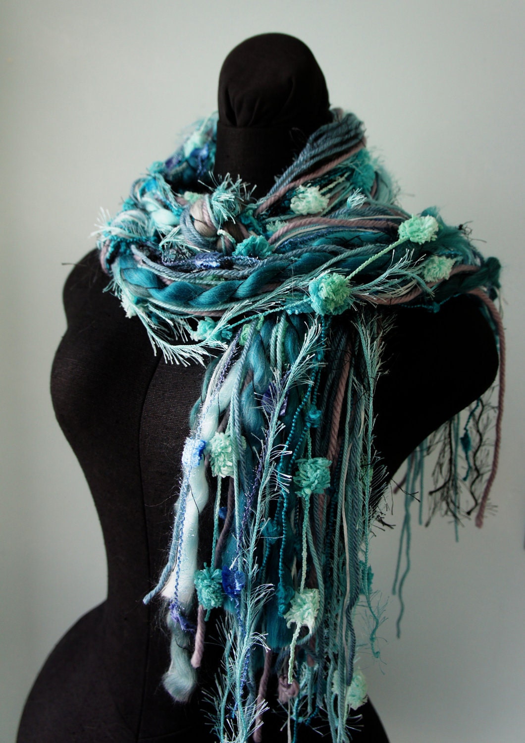 Fringe Scarf, Knotted scarf, Shades of Teal, Gray and Black, Scarf Photo Prop