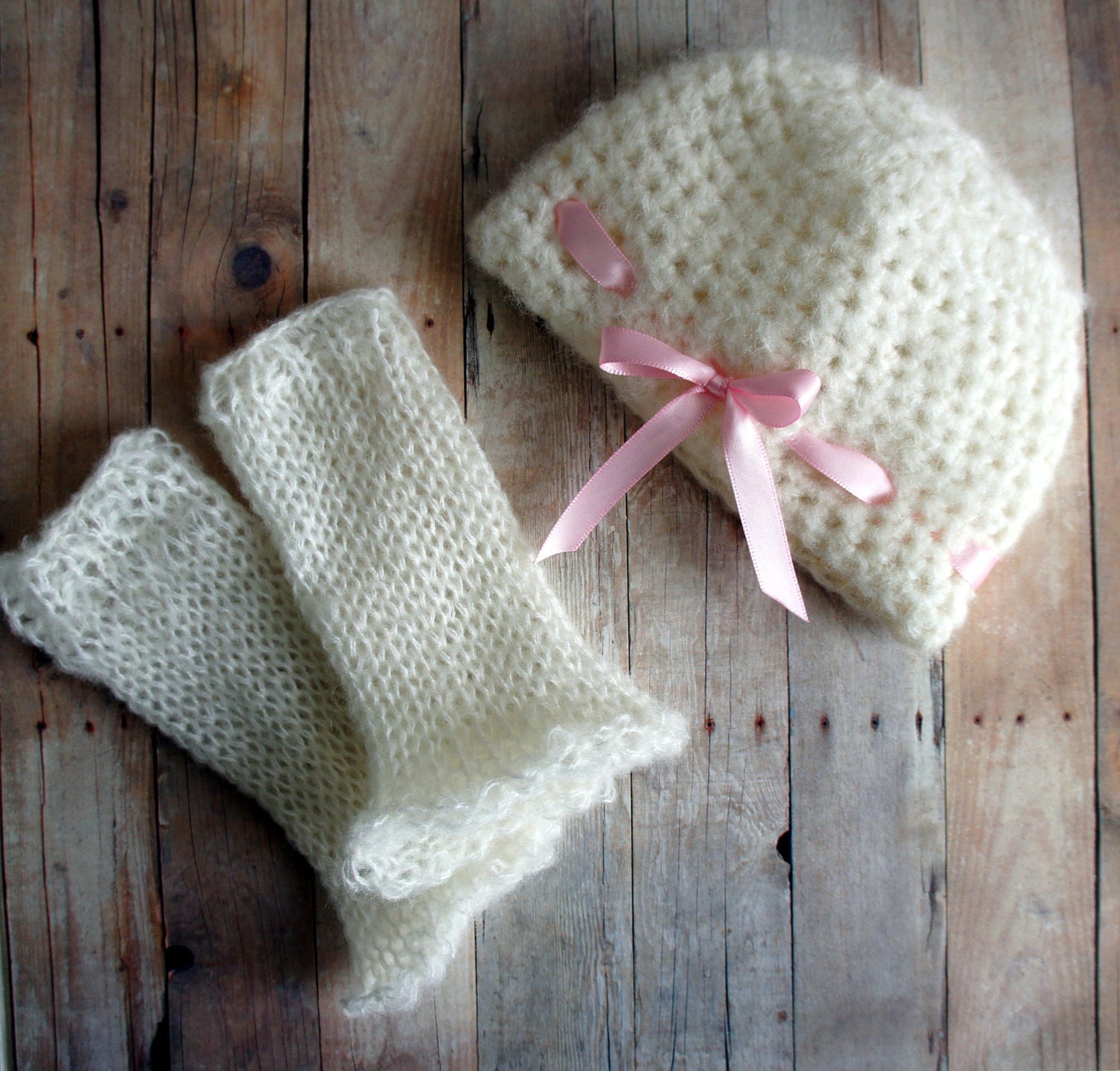 Knit Baby Hat and  Leg Warmers Set, in Soft Cream, Fuzzy and Chunky