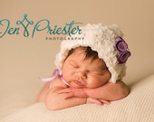 Baby Girl Bonnete in Creamy White Embelished with purple flower