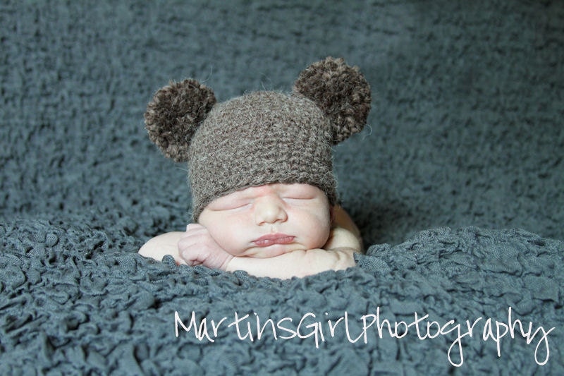 Pom Pom Knit Baby Hat, Baby Photo Prop, Bear Hat in Brown